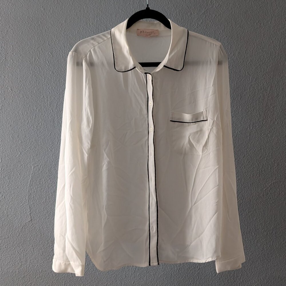 Philosophy Apparel Women's White Long Sleeve Chest Pocket Blouse Top Sz L